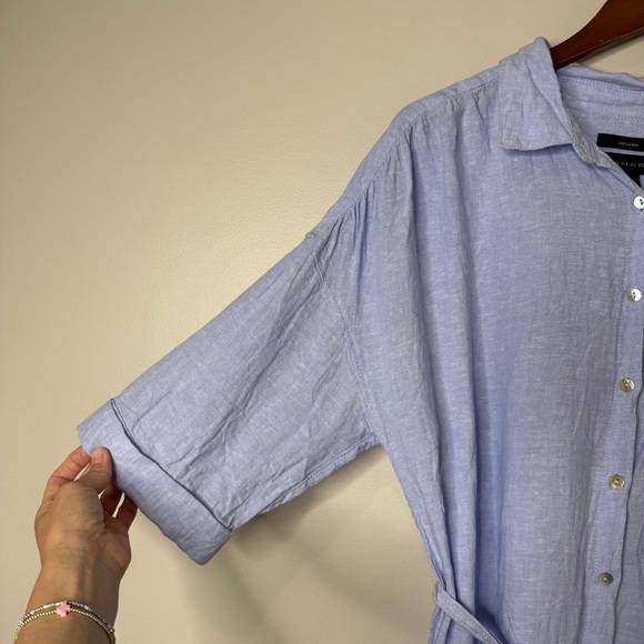 Tahari Blue 100% Linen Button Front Tie Belt Shirt Dress Coastal Cover-up Large - Picture 4 of 10